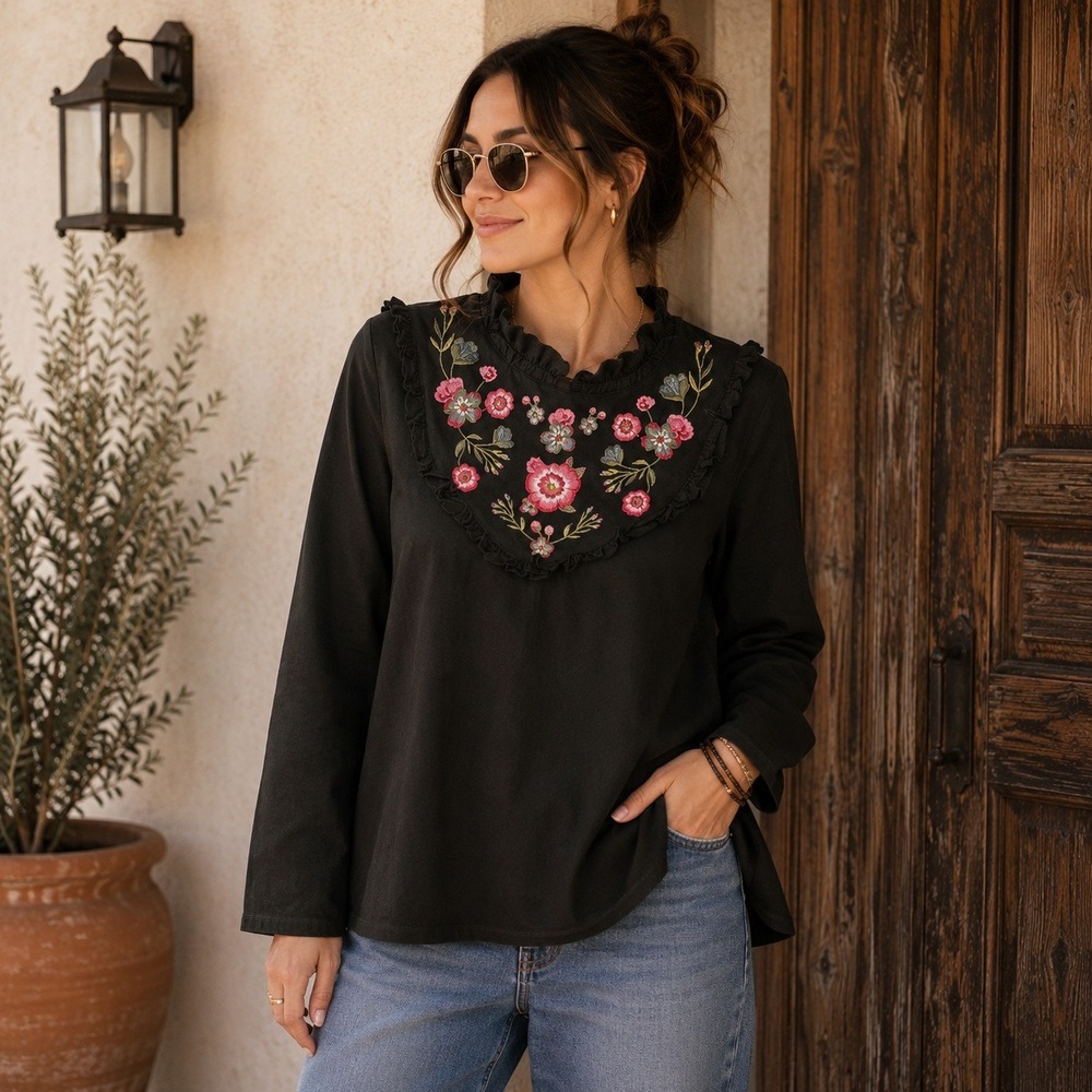 Kate Spade New York Black Floral Embroidered Ruffle Smock Neck Top XXL